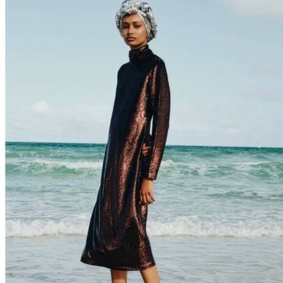 Zara $149 Heavy Sequin Knit Brown Midi Dress NEW - Picture 3 of 10